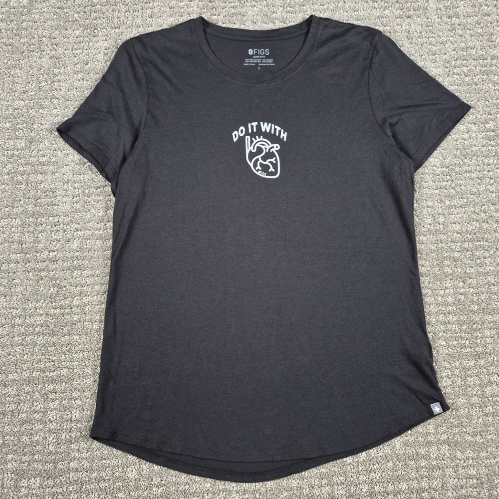 FIGS T-Shirt Womens L Black Do It With Heart Graphic Pima Modal Super Soft
